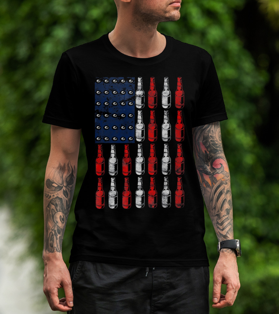 Patriotic American Flag Made Of Beer Bottles In Red White Blue T-Shirt