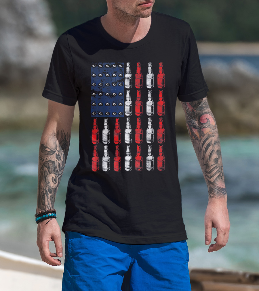 Patriotic American Flag Made Of Beer Bottles In Red White Blue T-Shirt