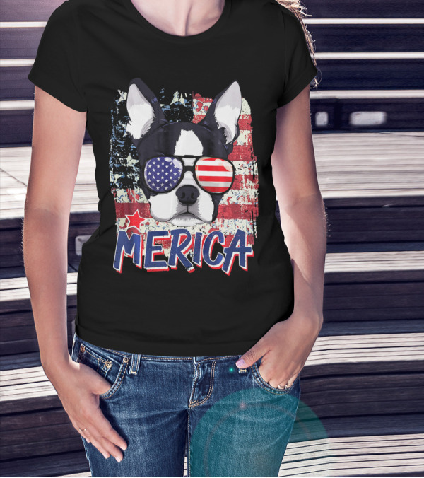 Merica Boston Terrier American Flag Sunglasses T-Shirt