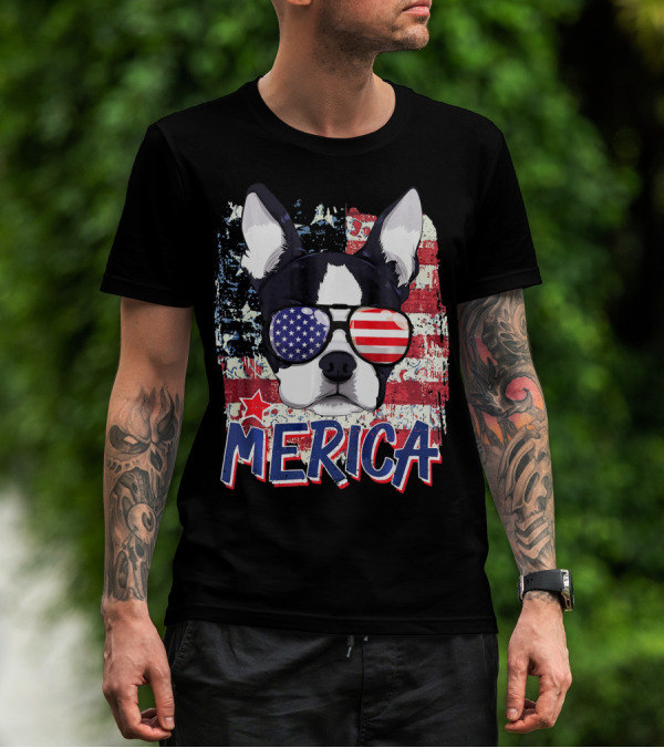 Merica Boston Terrier American Flag Sunglasses T-Shirt