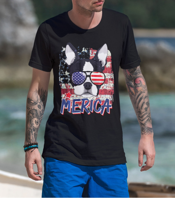Merica Boston Terrier American Flag Sunglasses T-Shirt