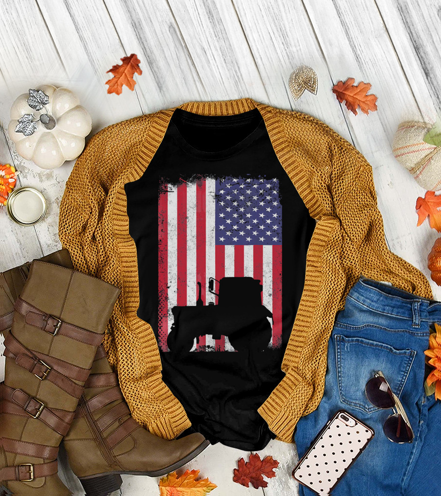 Tractor Silhouette Against Distressed American Flag Patriotic T-Shirt