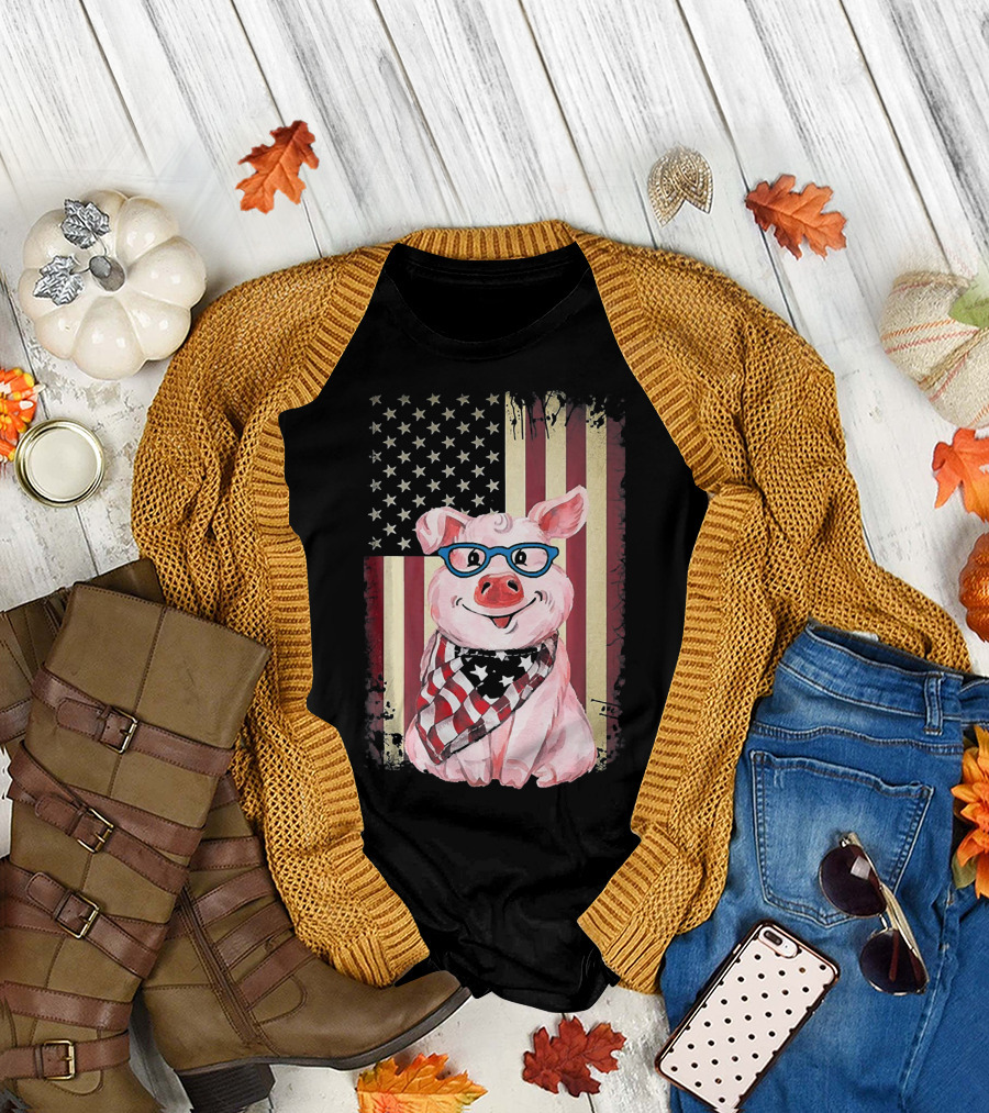 American Flag Pig with Glasses and Bandana T-Shirt