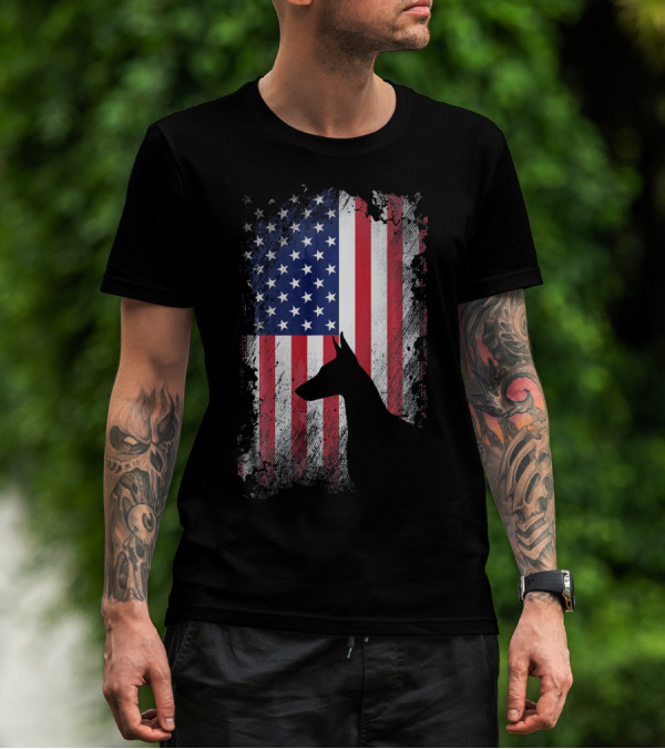 Doberman Pinscher Silhouette With American Flag Background T-Shirt