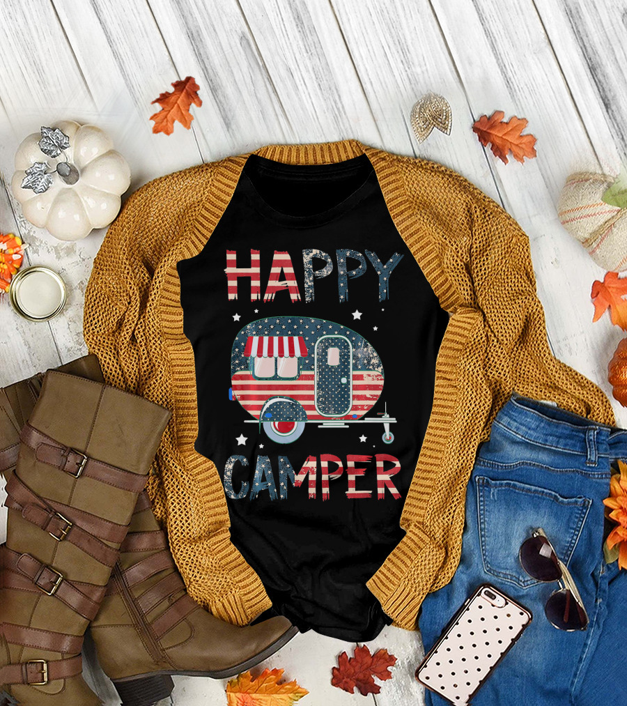 Happy Camper Stars and Stripes American Flag Patriotic T-Shirt