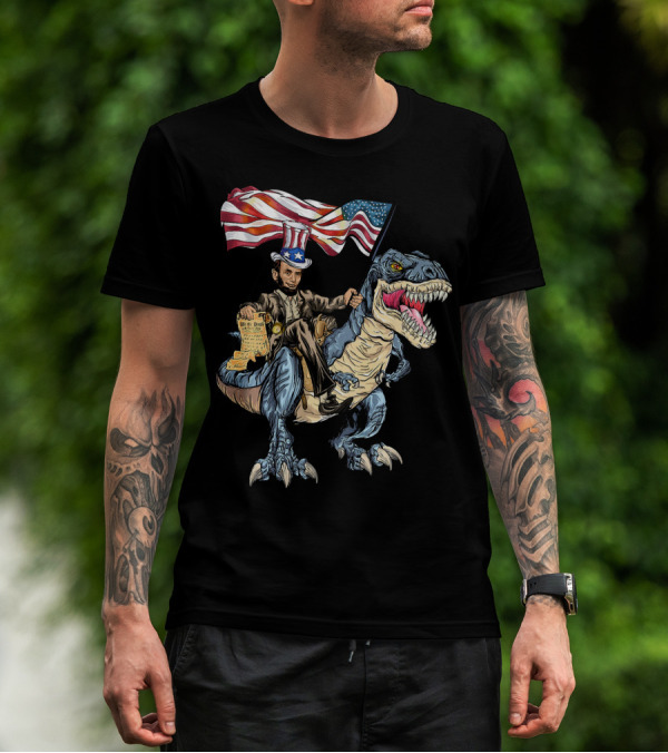 Abe Lincoln Riding Dinosaur With American Flag And Declaration T-Shirt