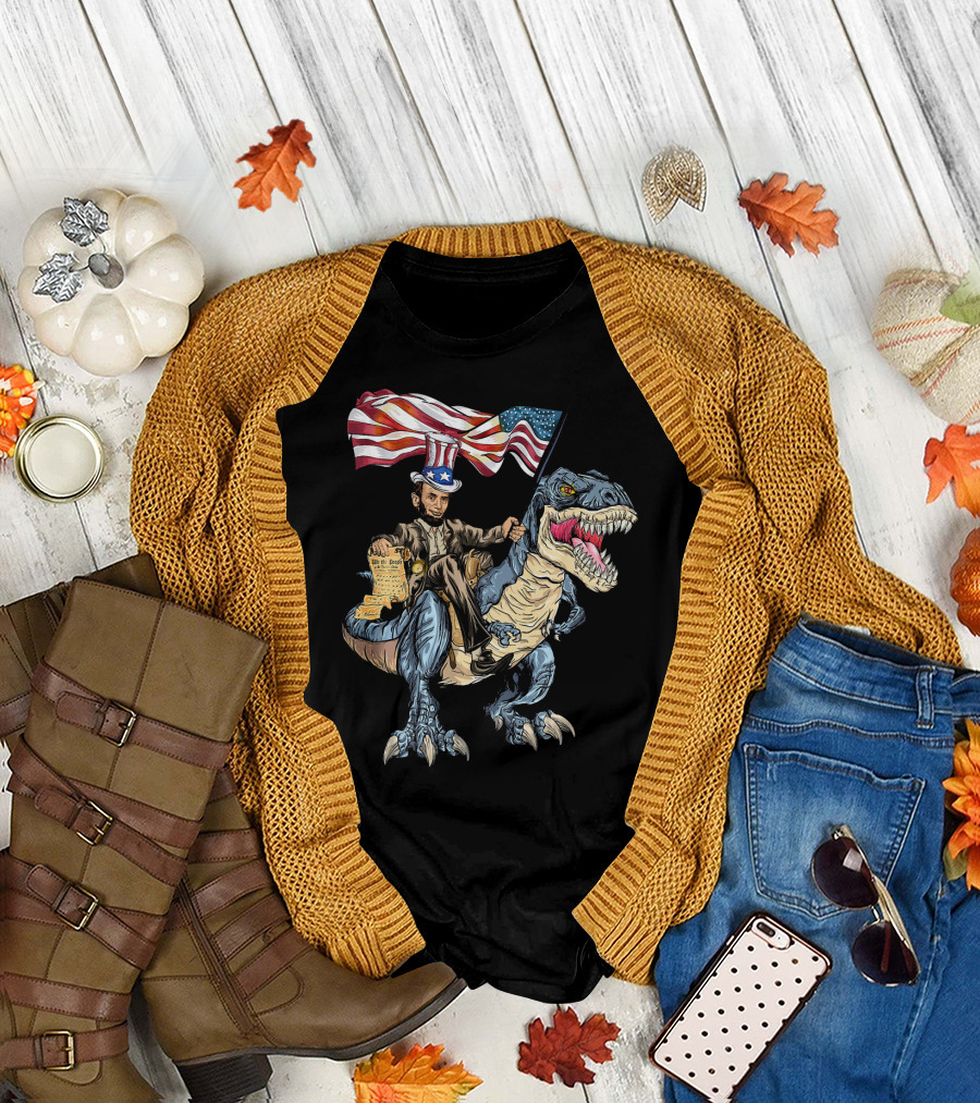 Abe Lincoln Riding Dinosaur with American Flag and Declaration T-Shirt