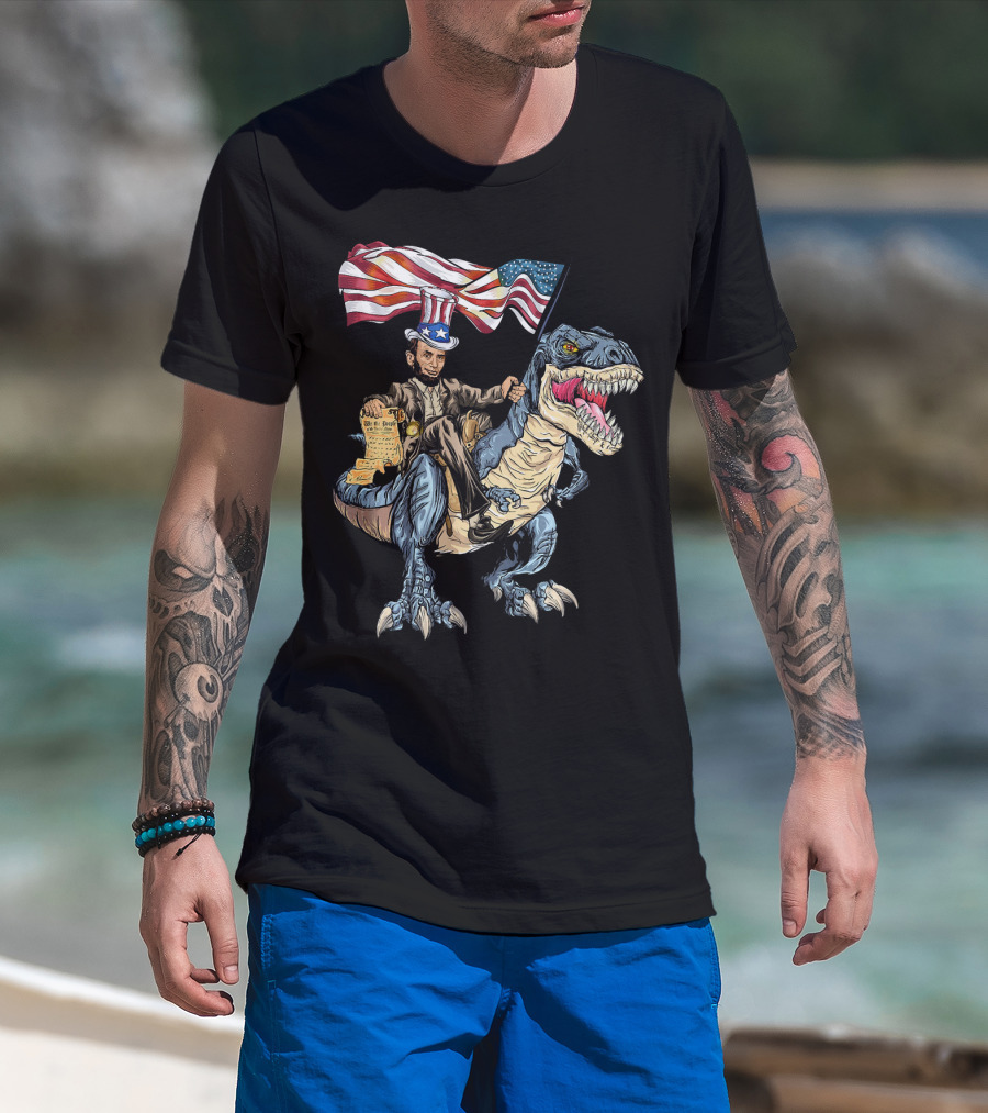 Abe Lincoln Riding Dinosaur With American Flag And Declaration T-Shirt