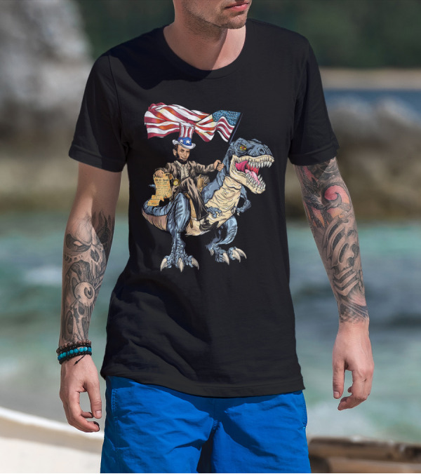 Abe Lincoln Riding Dinosaur With American Flag And Declaration T-Shirt