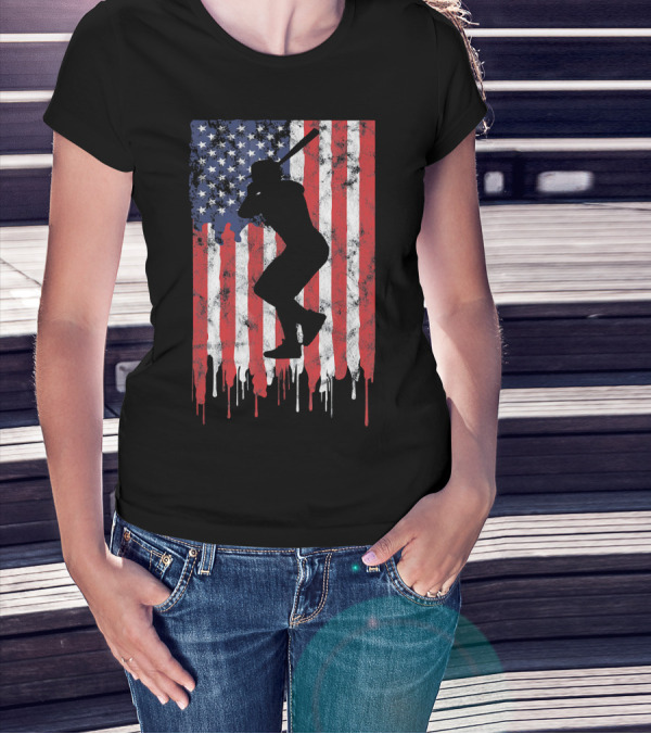 Vintage Baseball Batter Silhouette On Dripping American Flag Background T-Shirt