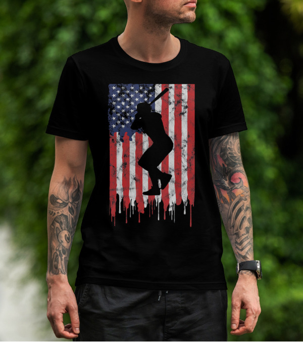 Vintage Baseball Batter Silhouette On Dripping American Flag Background T-Shirt