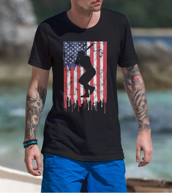 Vintage Baseball Batter Silhouette On Dripping American Flag Background T-Shirt
