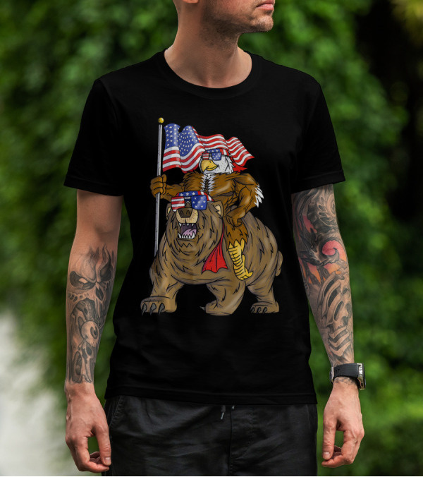 American Flag-Waving Bald Eagle Riding Bear With Sunglasses T-Shirt