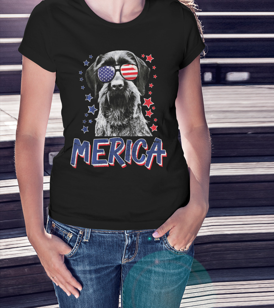 Merica German Wirehaired Pointer Dog With American Flag Sunglasses And Stars T-Shirt