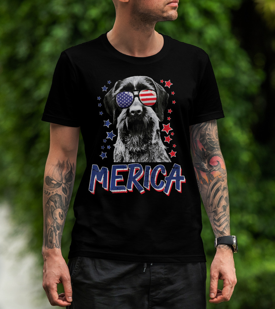 Merica German Wirehaired Pointer Dog With American Flag Sunglasses And Stars T-Shirt