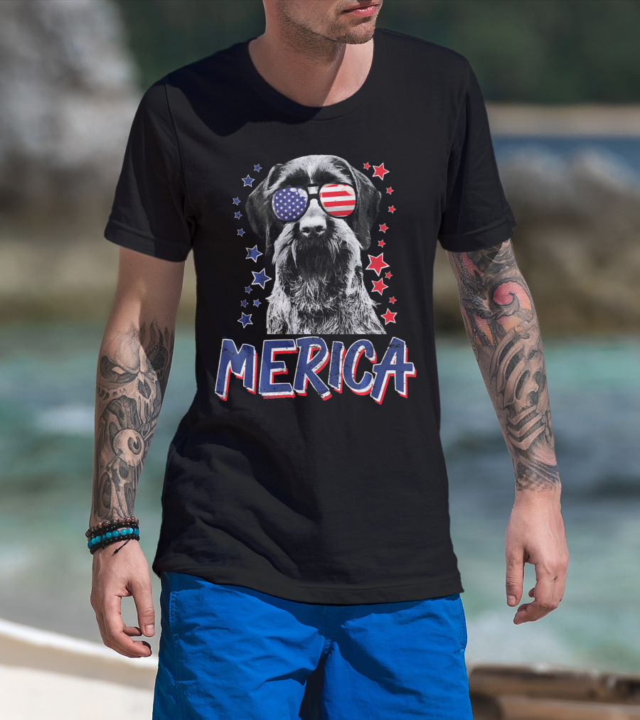 Merica German Wirehaired Pointer Dog With American Flag Sunglasses And Stars T-Shirt