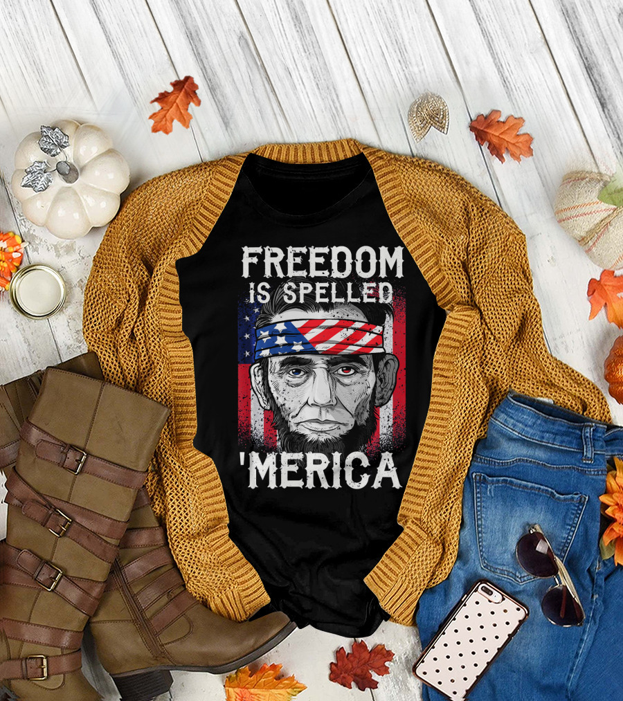 FREEDOM IS SPELLED 'MERICA Abe Lincoln Bandana American Flag T-Shirt