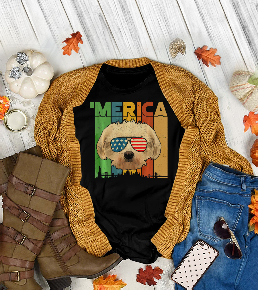 Maltese with American Flag Sunglasses and Merica July 4th Retro Skyline T-Shirt