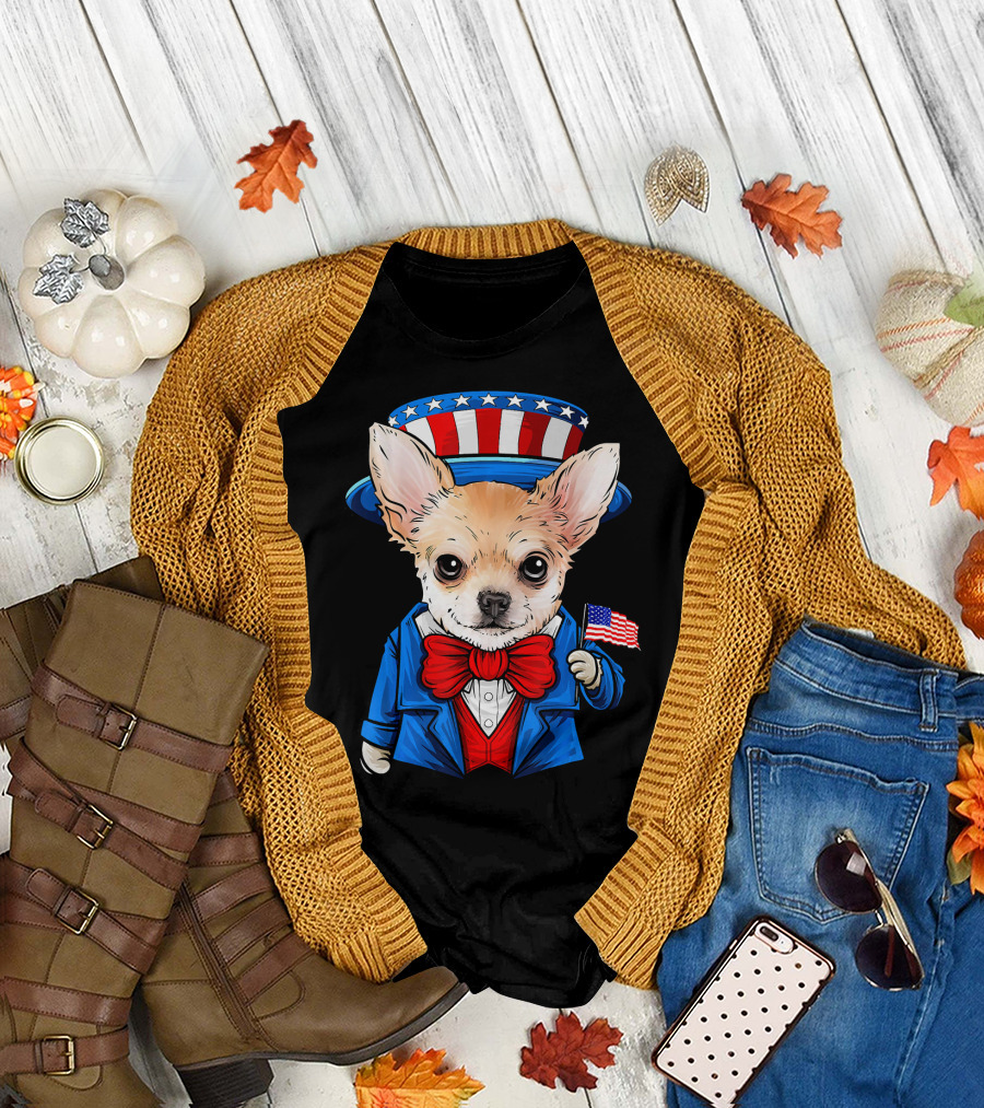 Patriotic Chihuahua in Uncle Sam Hat Holding American Flag for 4th of July T-Shirt
