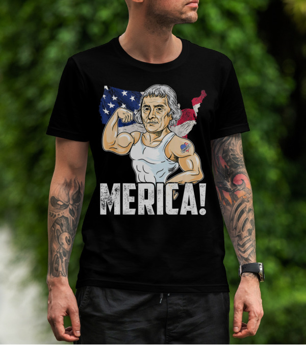 Thomas Jefferson Flexing Muscles Merica USA Flag T-Shirt