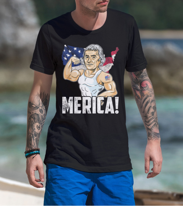 Thomas Jefferson Flexing Muscles Merica USA Flag T-Shirt
