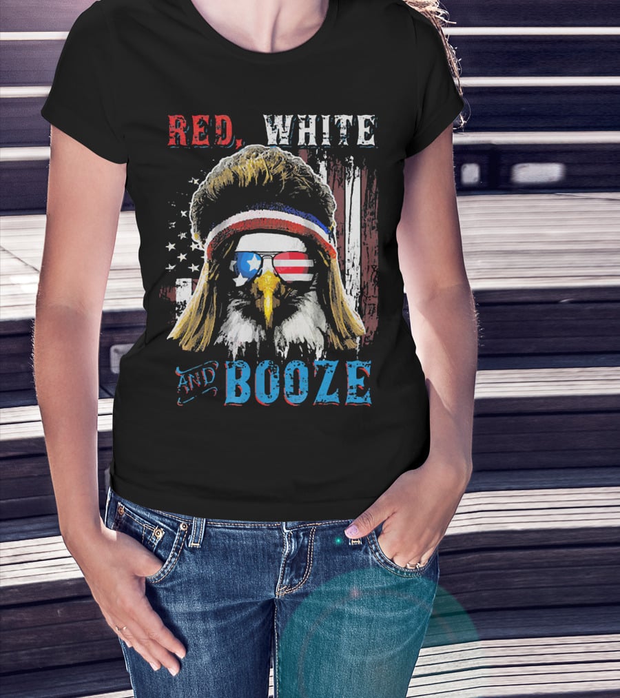 Red White And Booze America Flag Eagle With Sunglasses And Headband T-Shirt