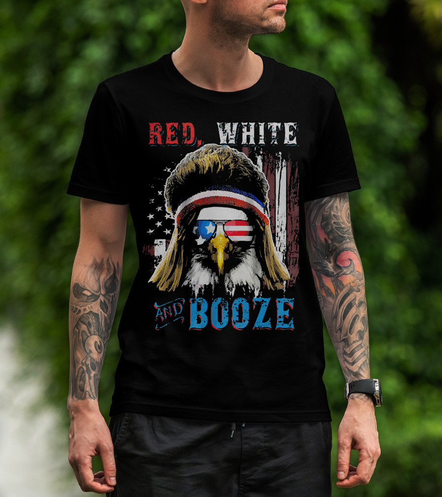 Red White And Booze America Flag Eagle With Sunglasses And Headband T-Shirt