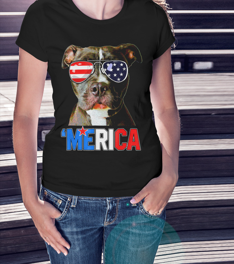 Pitbull 'Merica Memorial Day Patriotic USA Sunglasses T-Shirt