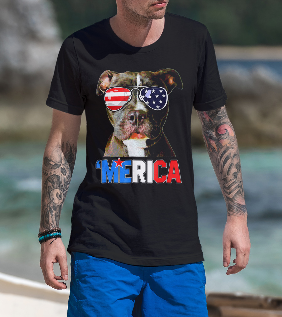 Pitbull 'Merica Memorial Day Patriotic USA Sunglasses T-Shirt
