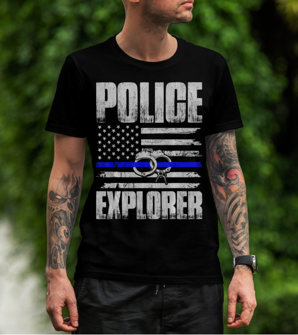 Police Explorer American Flag Handcuffs Thin Blue Line T-Shirt