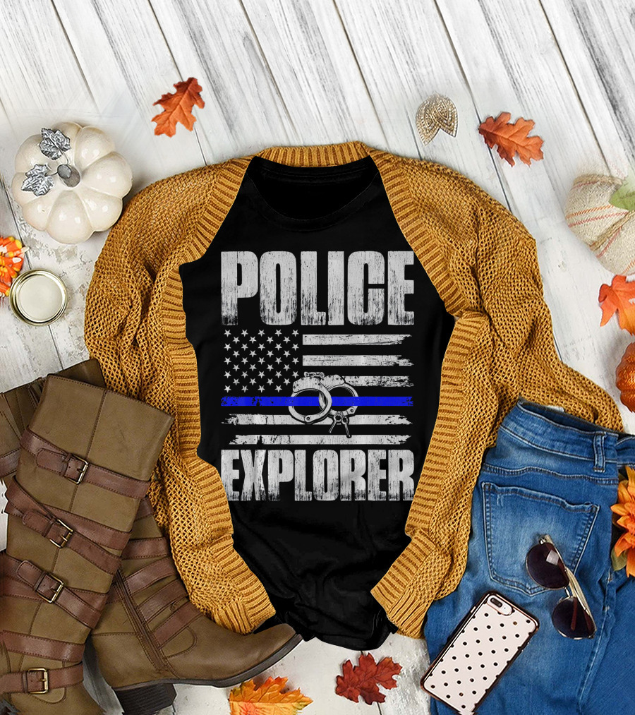 Police Explorer American Flag Handcuffs Thin Blue Line T-Shirt