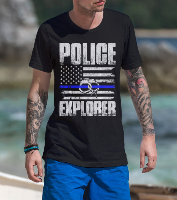 Police Explorer American Flag Handcuffs Thin Blue Line T-Shirt