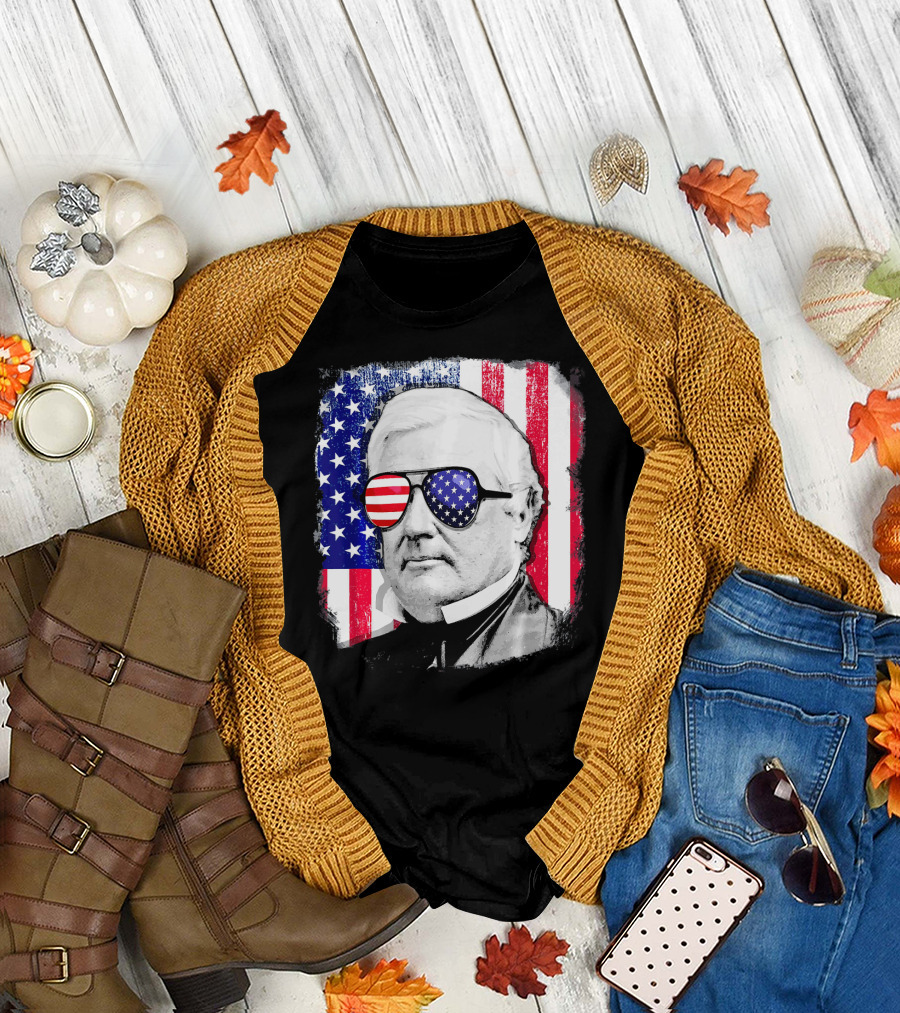 Millard Fillmore Portrait with American Flag Sunglasses and US Flag Background T-Shirt