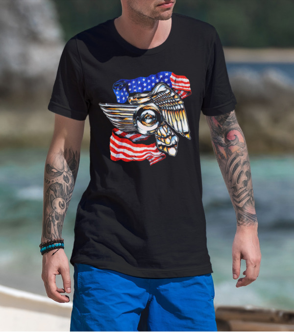 American Motorcycle Biker Eagle Emblem With Flag Wings T-Shirt