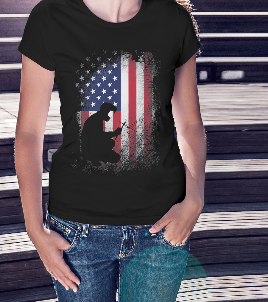 Welder Silhouette With American Flag USA Patriotic T-Shirt