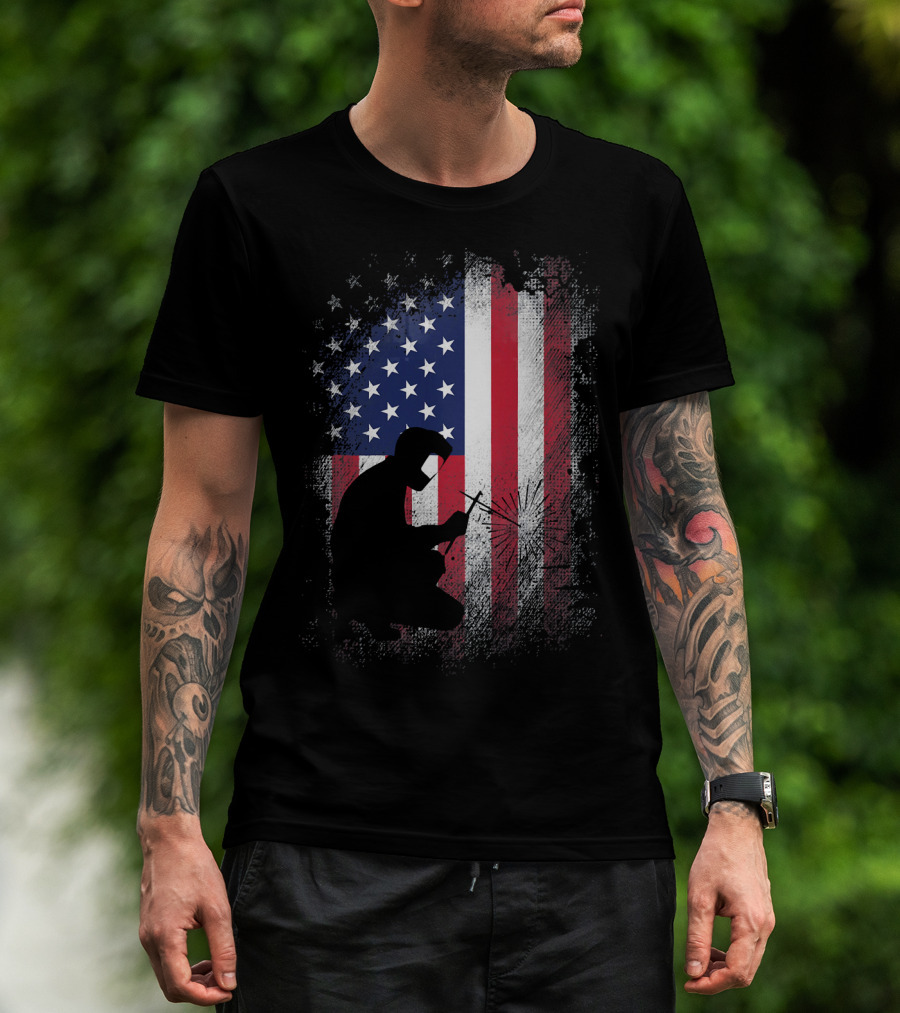 Welder Silhouette With American Flag USA Patriotic T-Shirt