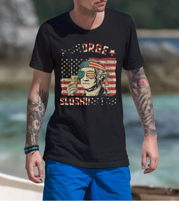George Sloshington American Flag Aviator With Beer And Headband T-Shirt
