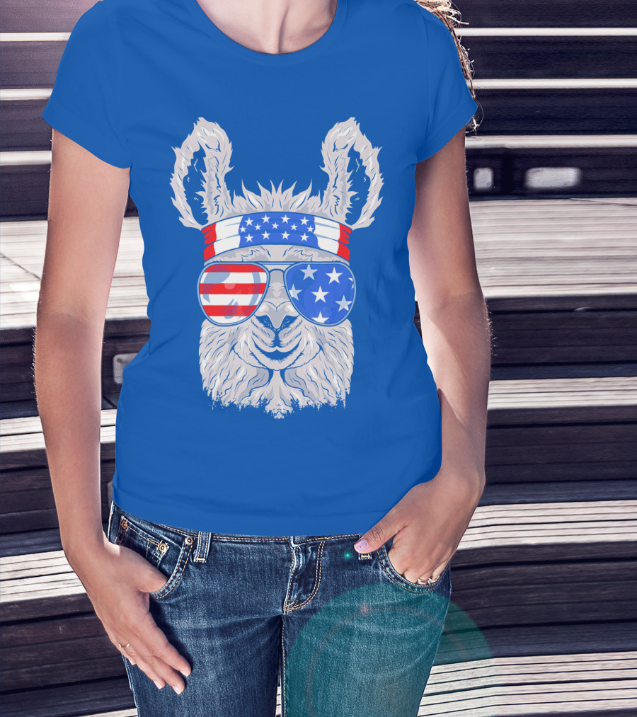 Patriotic Llama With American Flag Sunglasses And Headband For USA Independence Day T-Shirt