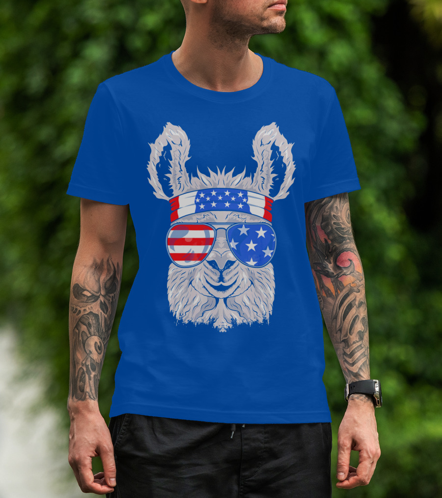 Patriotic Llama With American Flag Sunglasses And Headband For USA Independence Day T-Shirt