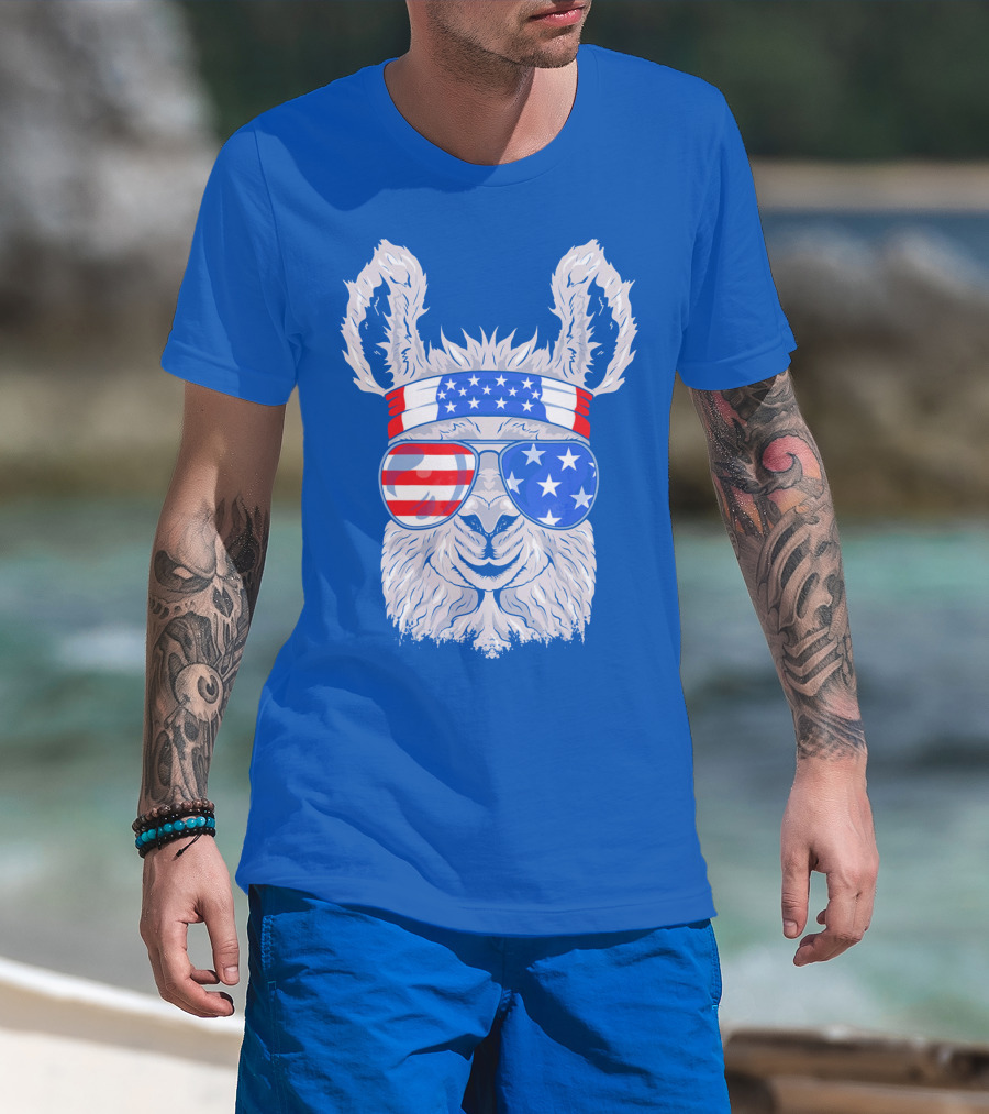 Patriotic Llama With American Flag Sunglasses And Headband For USA Independence Day T-Shirt
