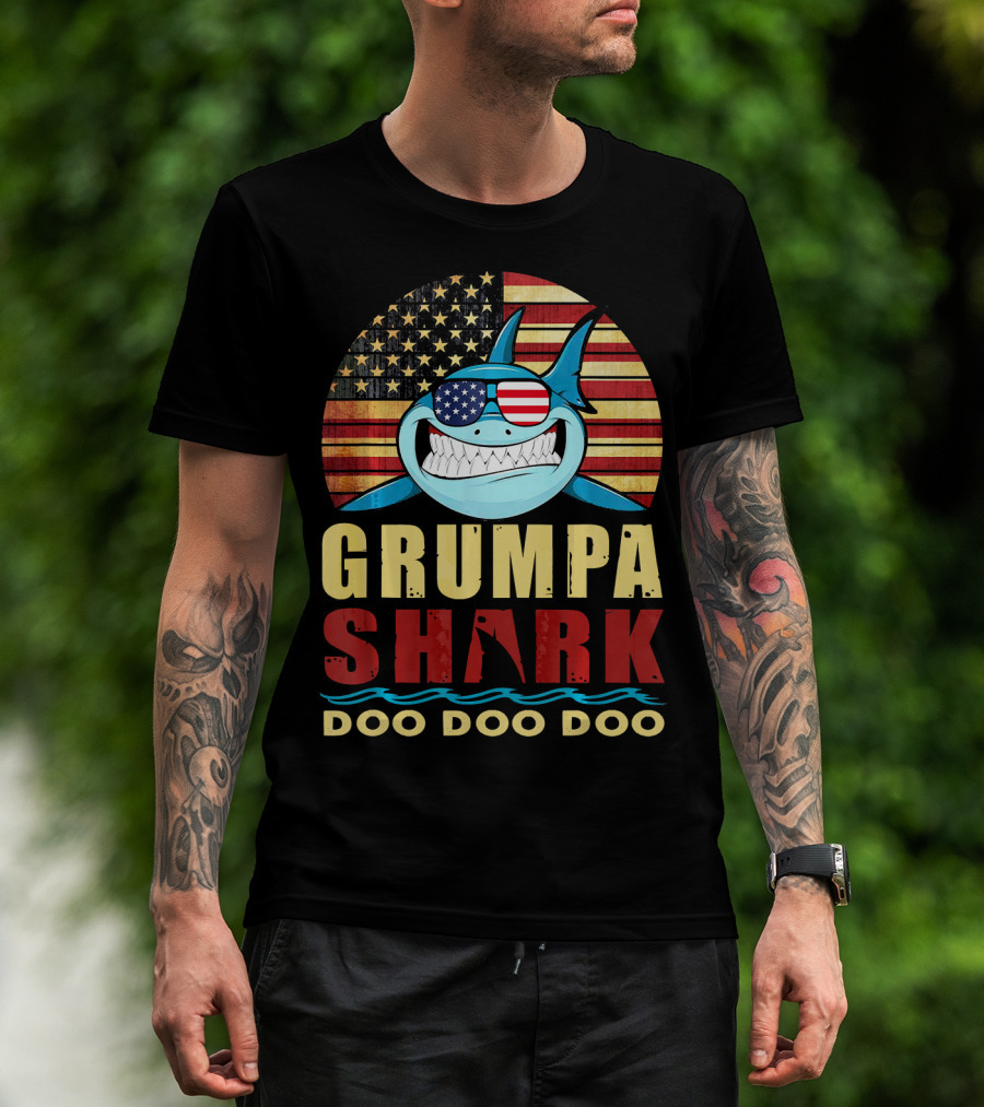 Grumpa Shark Doo Doo Doo American Flag T-Shirt