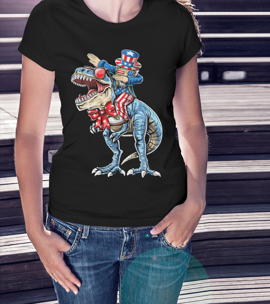 Dabbing Uncle Sam On Dinosaur With Patriotic Stars And Stripes Hat And Sunglasses T-Shirt