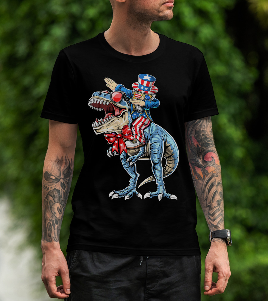 Dabbing Uncle Sam On Dinosaur With Patriotic Stars And Stripes Hat And Sunglasses T-Shirt