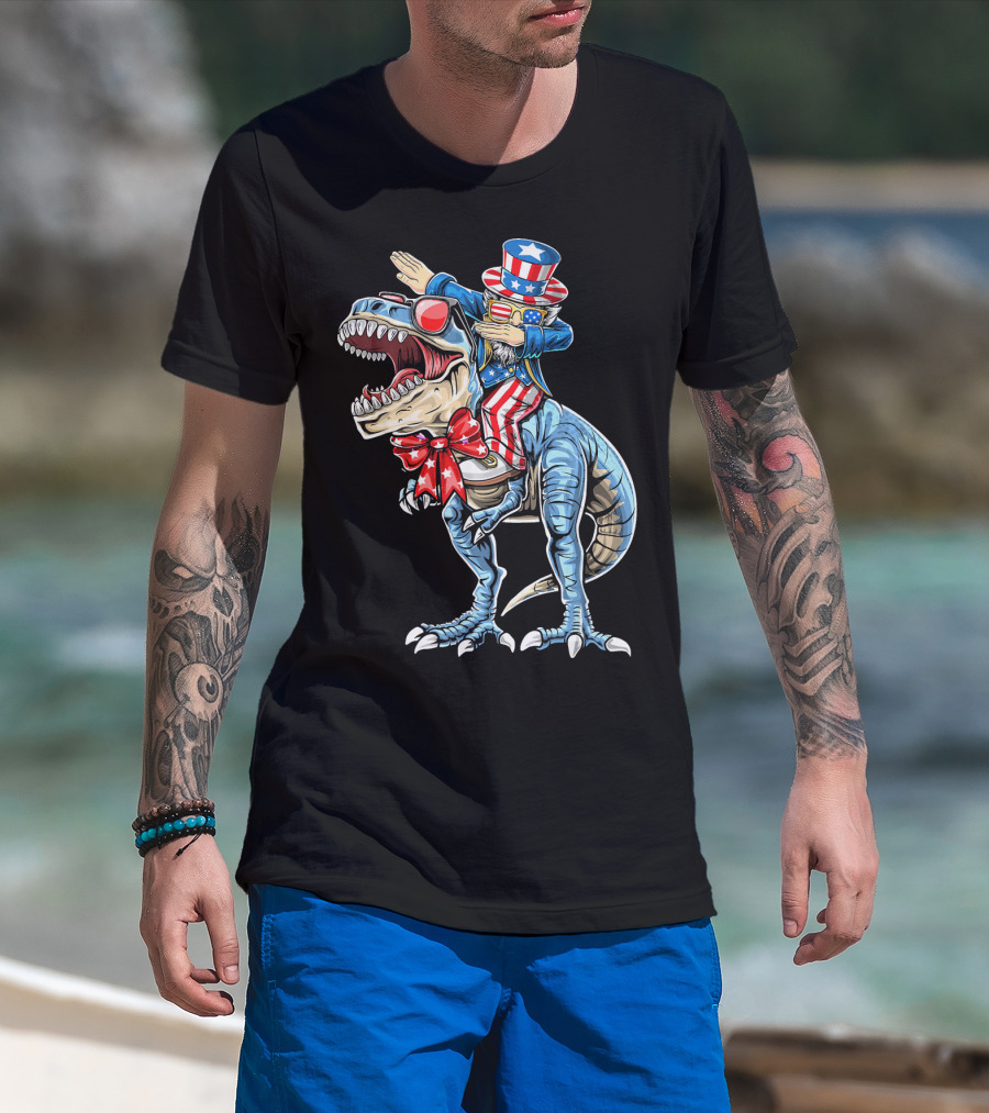 Dabbing Uncle Sam On Dinosaur With Patriotic Stars And Stripes Hat And Sunglasses T-Shirt