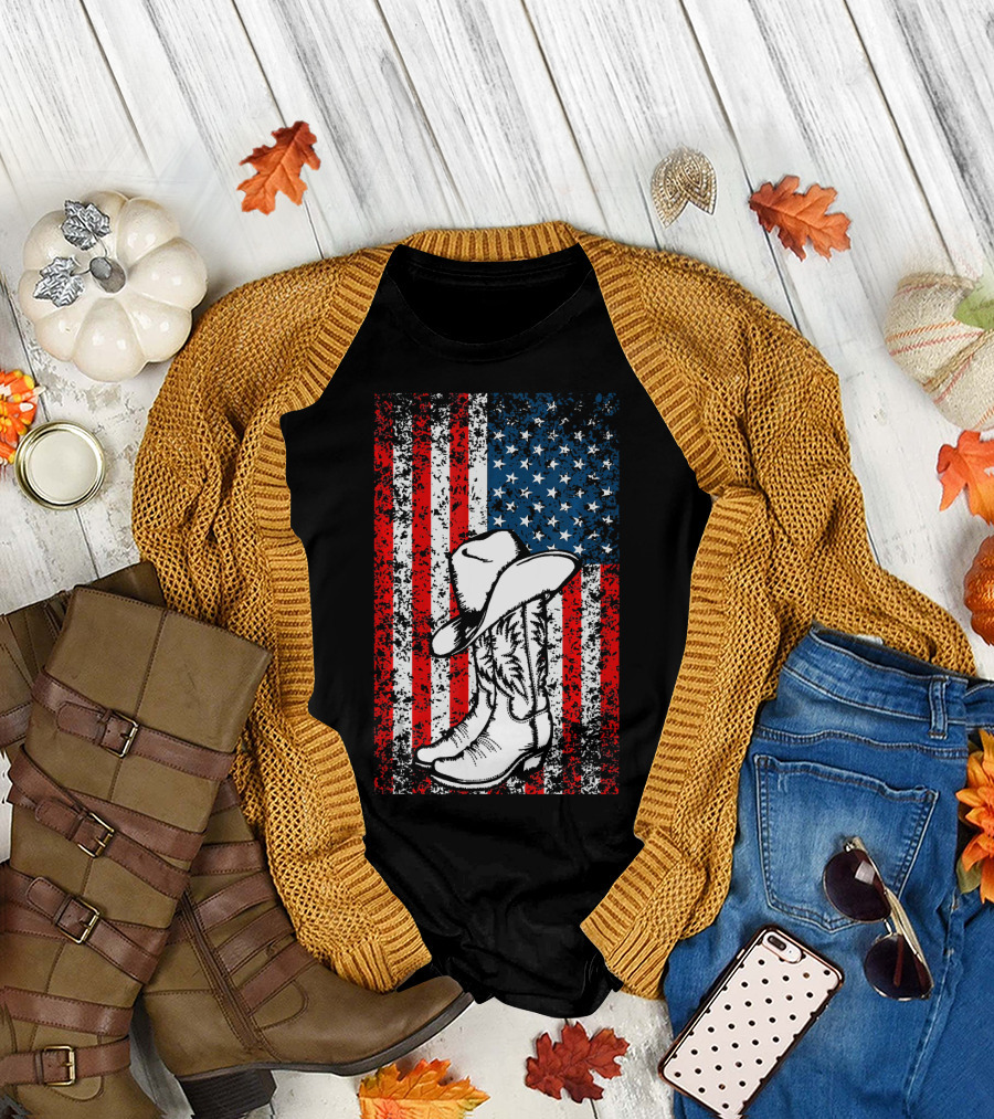 Cowboy Hat Boots American Flag Patriotic T-Shirt