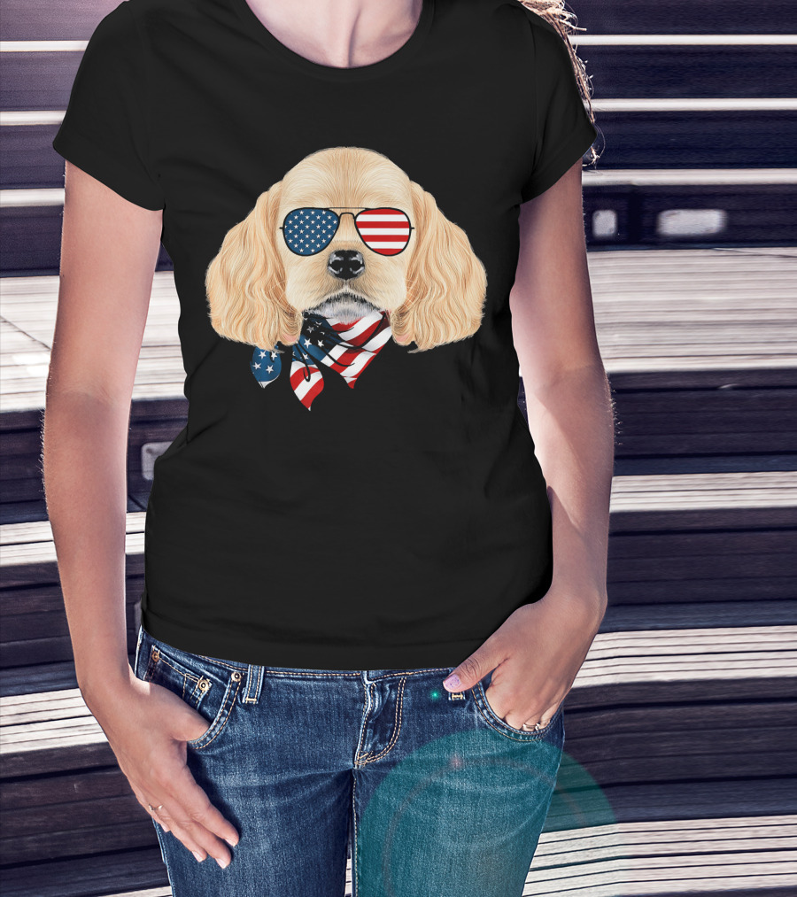 Cocker Spaniel Wearing American Flag Sunglasses And Bandana Patriotic T-Shirt