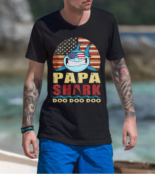 Papa Shark American Flag Doo Doo Doo T-Shirt