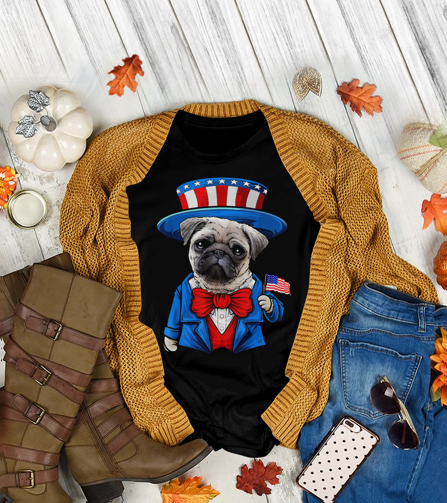 Uncle Sam Pug Holding American Flag Fourth of July Dog Humor T-Shirt
