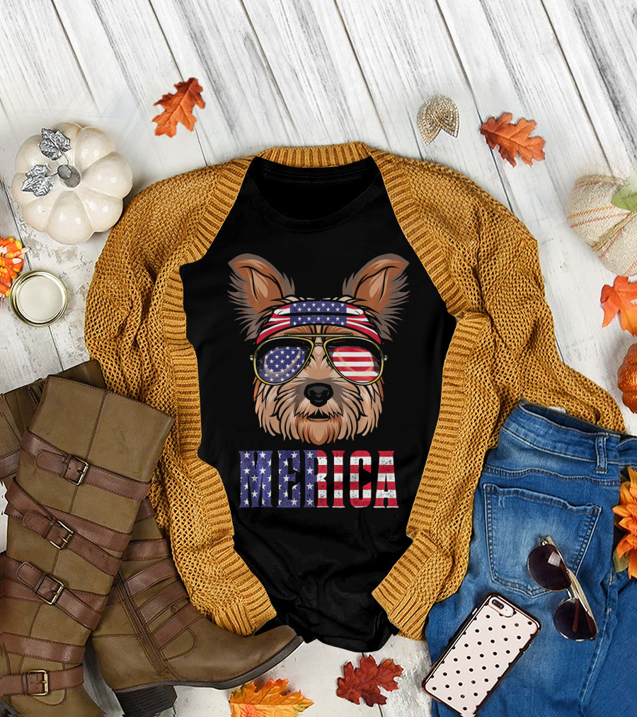 Yorkie Dog Merica American Flag Sunglasses Bandana T-Shirt