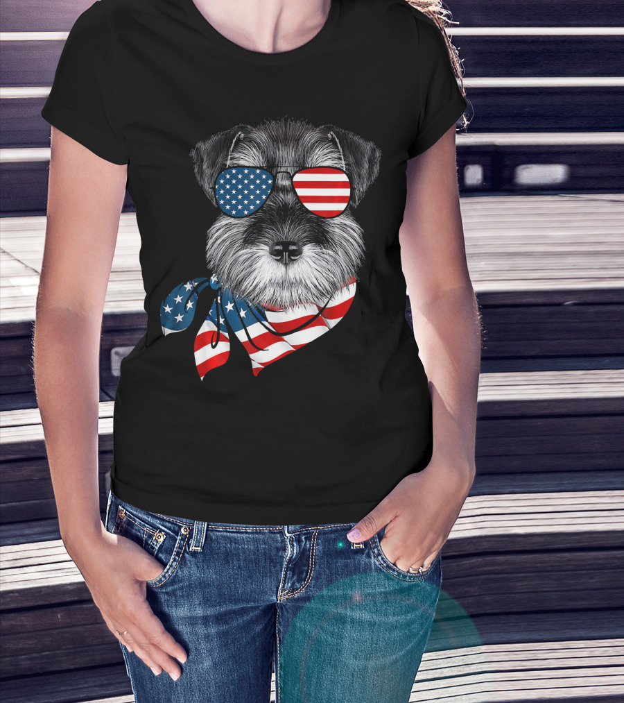 Schnauzer With American Flag Sunglasses And Scarf Patriotic T-Shirt
